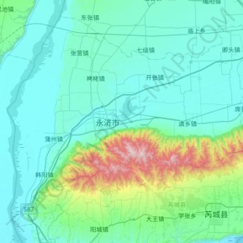 Mapa topográfico 永济市, altitude, relevo