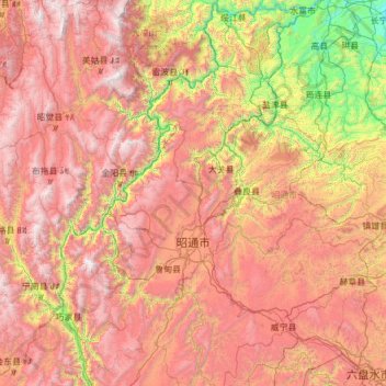Mapa topográfico 昭通市, altitude, relevo