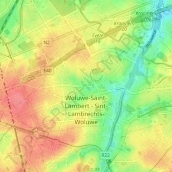 Mapa topográfico Woluwe-Saint-Lambert - Sint-Lambrechts-Woluwe, altitude, relevo
