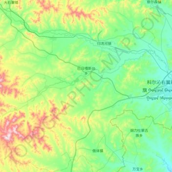 Mapa topográfico 巴日嘎斯台乡, altitude, relevo