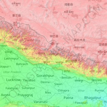 Mapa topográfico Nepal, altitude, relevo
