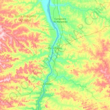 Mapa topográfico Porto Franco, altitude, relevo