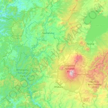 Mapa topográfico Ruapehu District, altitude, relevo