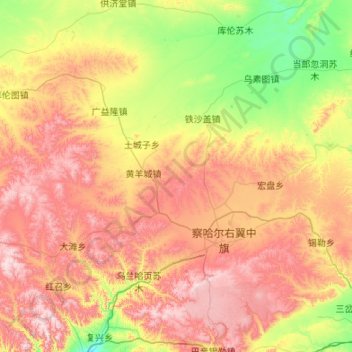 Mapa topográfico 察哈尔右翼中旗, altitude, relevo