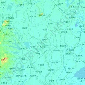 Mapa topográfico 安乡县, altitude, relevo