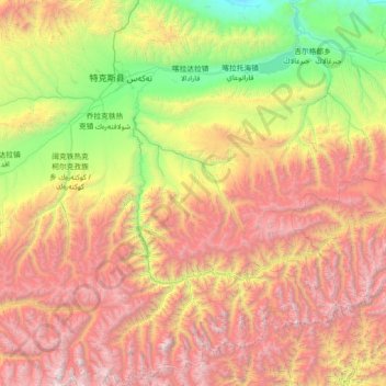 Mapa topográfico 特克斯县, altitude, relevo