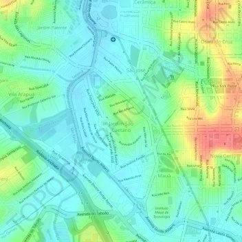 Mapa topográfico Jardim São Caetano, altitude, relevo