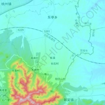 Mapa topográfico 东亭乡, altitude, relevo