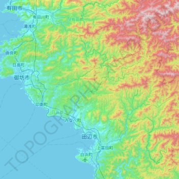 Mapa topográfico Tanabe, altitude, relevo