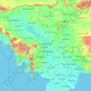 Mapa topográfico Camboja, altitude, relevo