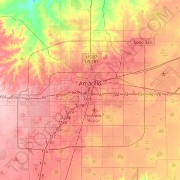 Mapa topográfico Amarillo, altitude, relevo