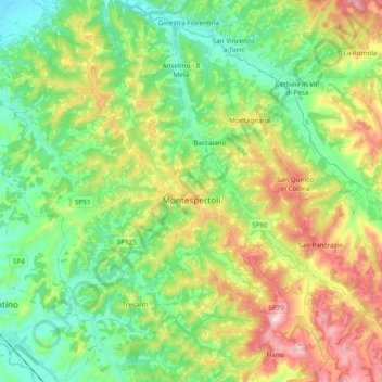Mapa topográfico Montespertoli, altitude, relevo