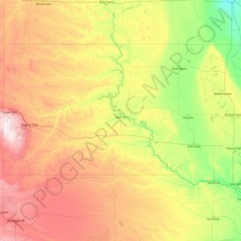 Mapa topográfico Dakota do Sul, altitude, relevo