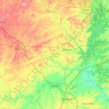 Mapa topográfico Chatham County, altitude, relevo