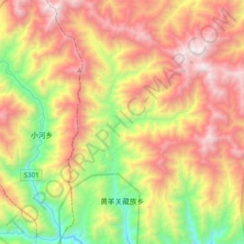 Mapa topográfico 黄羊关藏族乡, altitude, relevo