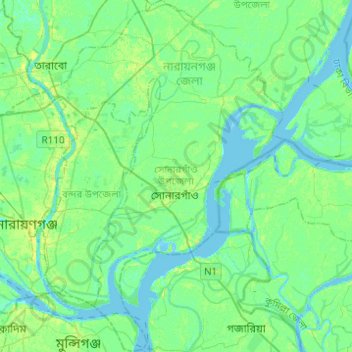 Mapa topográfico Sonargaon, altitude, relevo