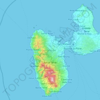 Mapa topográfico Guadeloupe, altitude, relevo