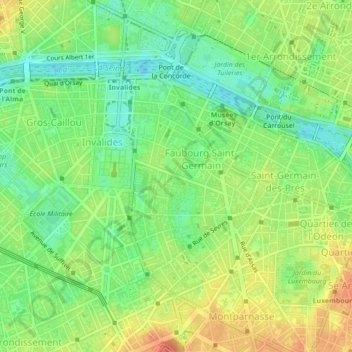 Mapa topográfico Paris 7e Arrondissement, altitude, relevo