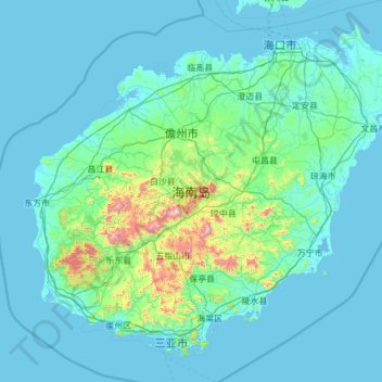 Mapa topográfico 海南岛, altitude, relevo