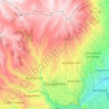 Mapa topográfico Quisapincha, altitude, relevo
