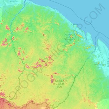 Mapa topográfico Frans-Guyana, altitude, relevo