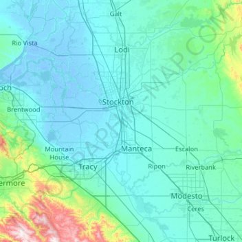 Mapa topográfico San Joaquin County, altitude, relevo