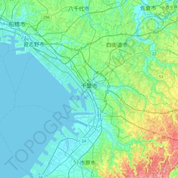 Mapa topográfico Chiba, altitude, relevo