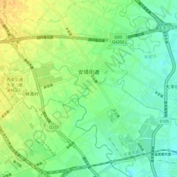 Mapa topográfico 安靖街道, altitude, relevo