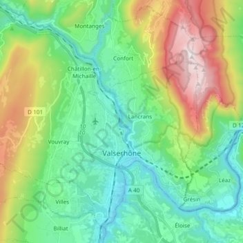 Mapa topográfico Valserhône, altitude, relevo