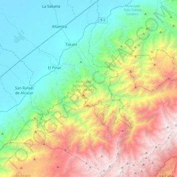 Mapa topográfico Municipio Caracciolo Parra Olmedo, altitude, relevo