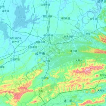 Mapa topográfico 咸安区, altitude, relevo