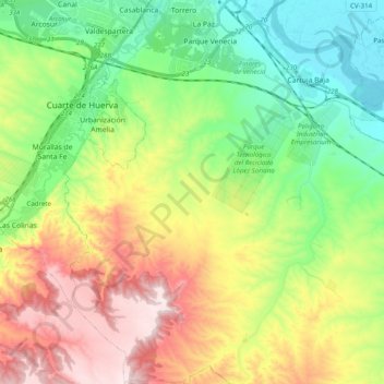 Mapa topográfico Torrero-La Paz, altitude, relevo