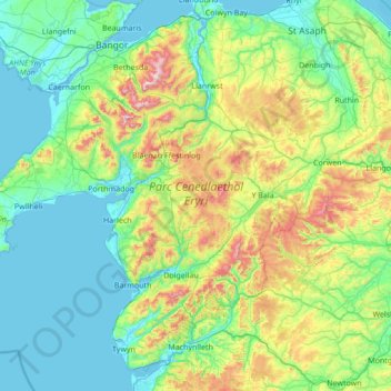 Mapa topográfico Gwynedd, altitude, relevo