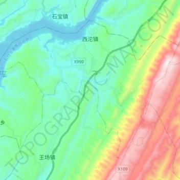 Mapa topográfico 西沱镇, altitude, relevo