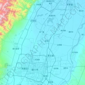 Mapa topográfico 贺兰县, altitude, relevo