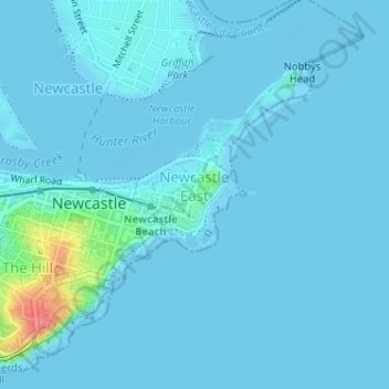 Mapa topográfico Newcastle East, altitude, relevo