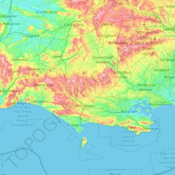 Mapa topográfico Dorset, altitude, relevo