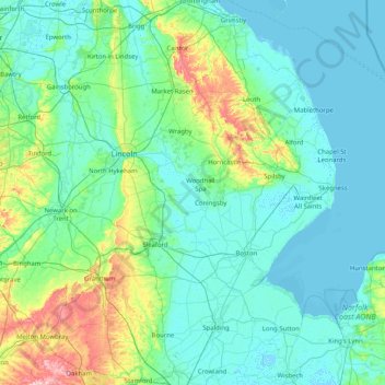 Mapa topográfico Lincolnshire, altitude, relevo