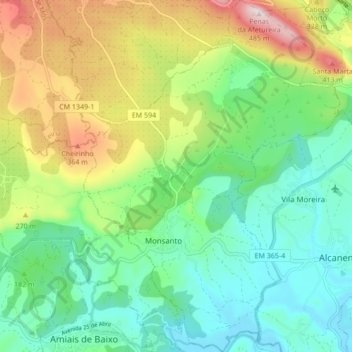 Mapa topográfico Monsanto, altitude, relevo