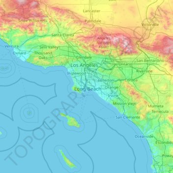Mapa topográfico Los Angeles County, altitude, relevo