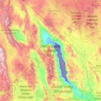 Mapa topográfico Death Valley National Park, altitude, relevo