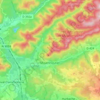 Mapa topográfico Moyenmoutier, altitude, relevo