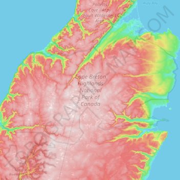 Mapa topográfico Cape Breton Highlands National Park of Canada, altitude, relevo