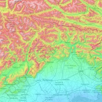 Mapa topográfico Alpi Carniche, altitude, relevo
