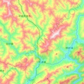 Mapa topográfico 平通镇, altitude, relevo