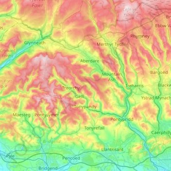 Mapa topográfico Rhondda Cynon Taf, altitude, relevo