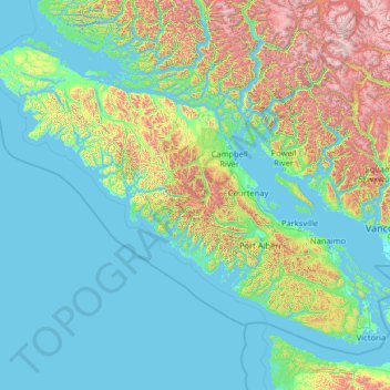 Mapa topográfico Île de Vancouver, altitude, relevo