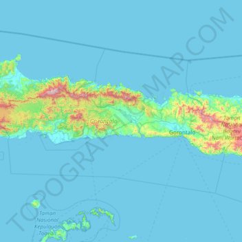 Mapa topográfico Gorontalo, altitude, relevo