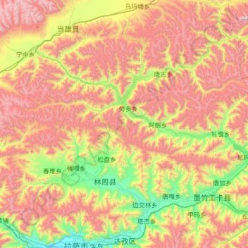 Mapa topográfico 林周县, altitude, relevo