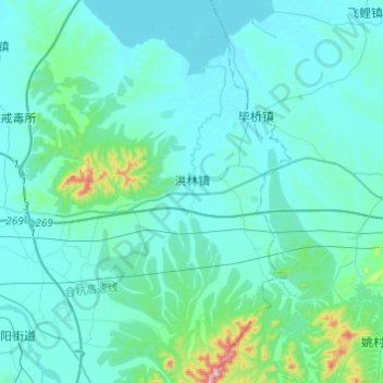 Mapa topográfico 洪林镇, altitude, relevo